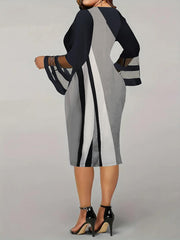 Colorblock Mesh Sleeve V Neck Dress