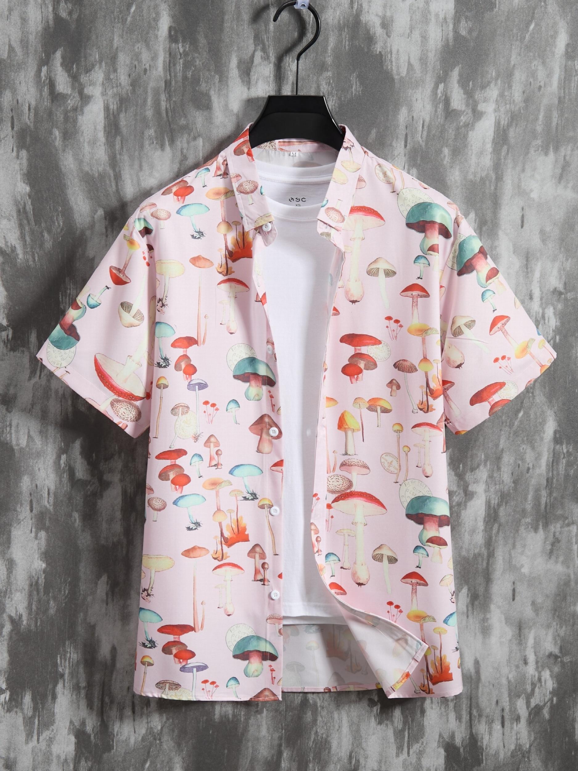 Men's Casual Mushroom Block Leaf Flower Pattern Print Short Sleeve Shirt