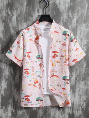 Men's Casual Mushroom Block Leaf Flower Pattern Print Short Sleeve Shirt