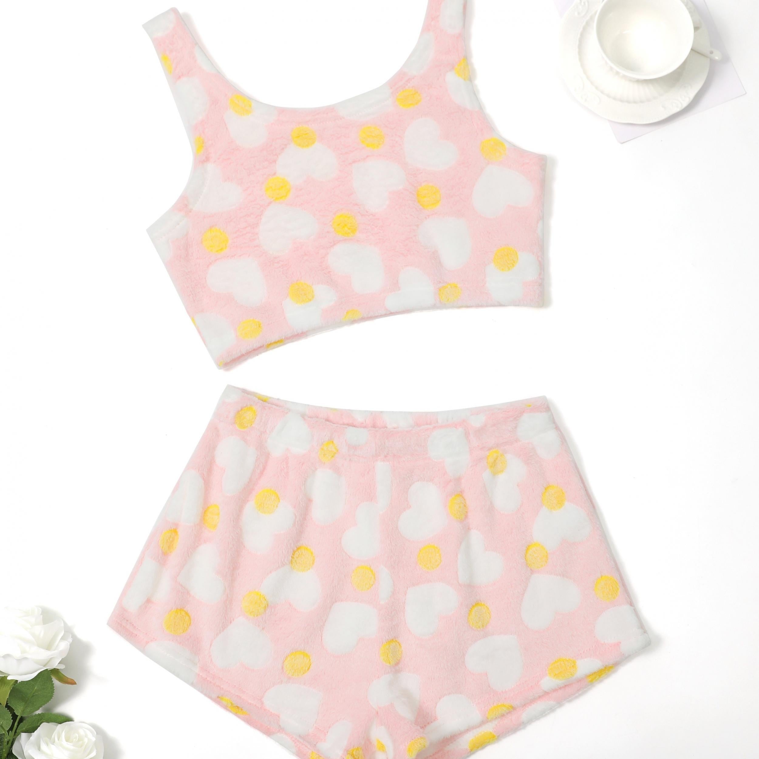 Heart & Polka Dot Flannel Crop Top & Shorts Set
