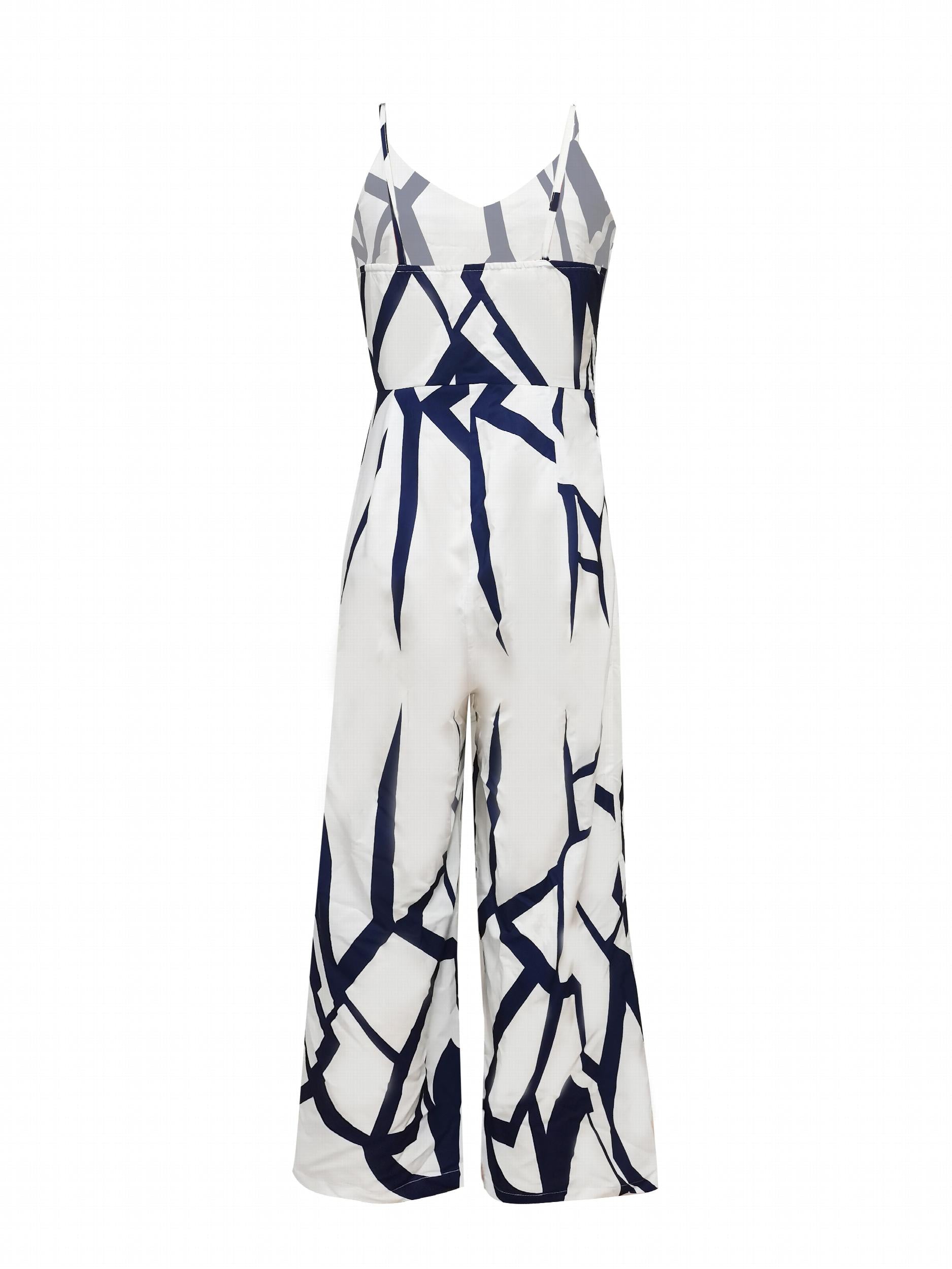 Abstract Print V Neck Jumpsuit Casual Spaghetti Strap Wide Leg Jumpsuit