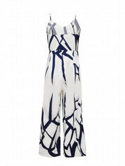 Abstract Print V Neck Jumpsuit Casual Spaghetti Strap Wide Leg Jumpsuit