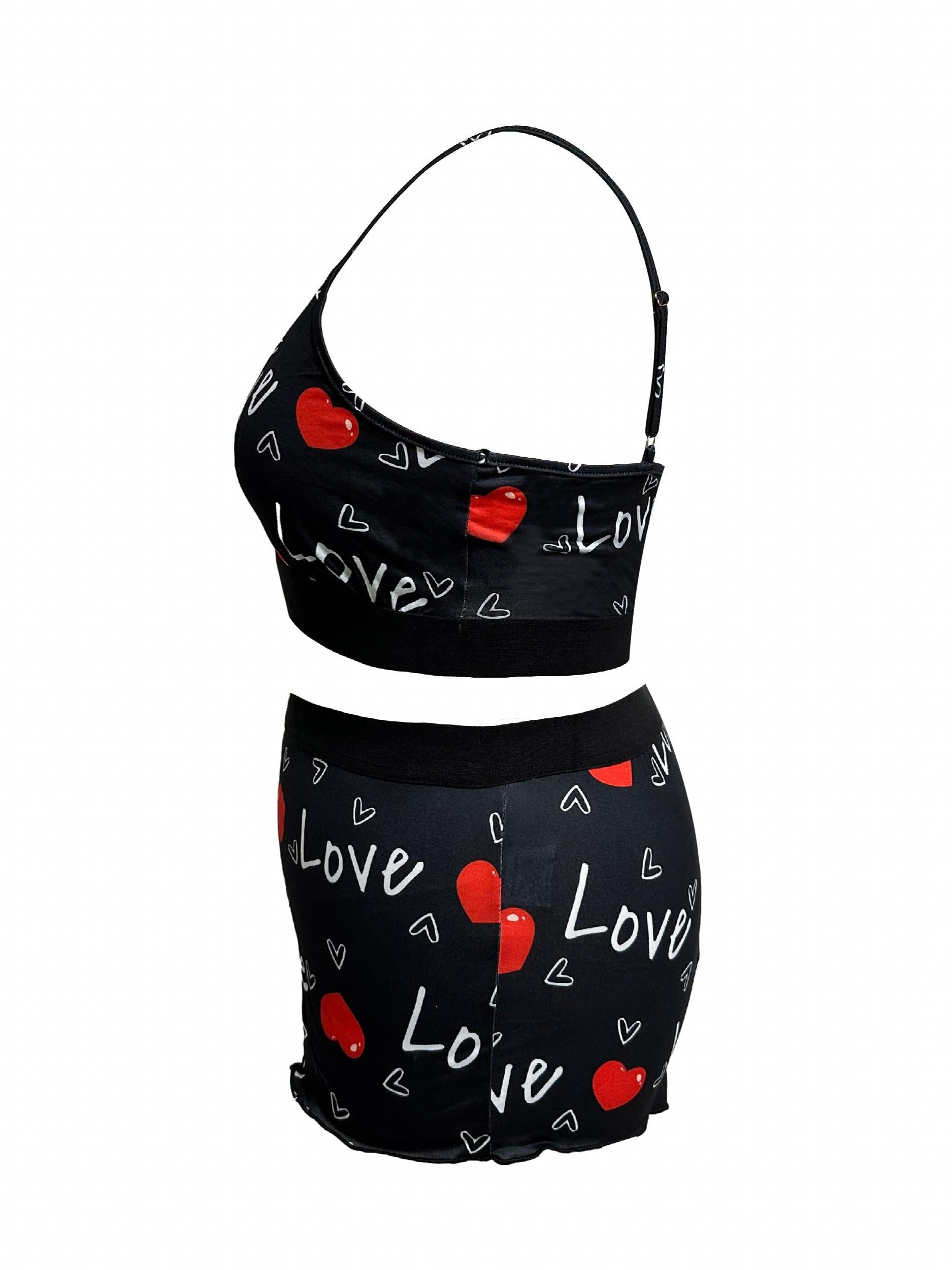 Women's Plus Heart & Letter Print Crop Cami Top & Shorts Pajama Set