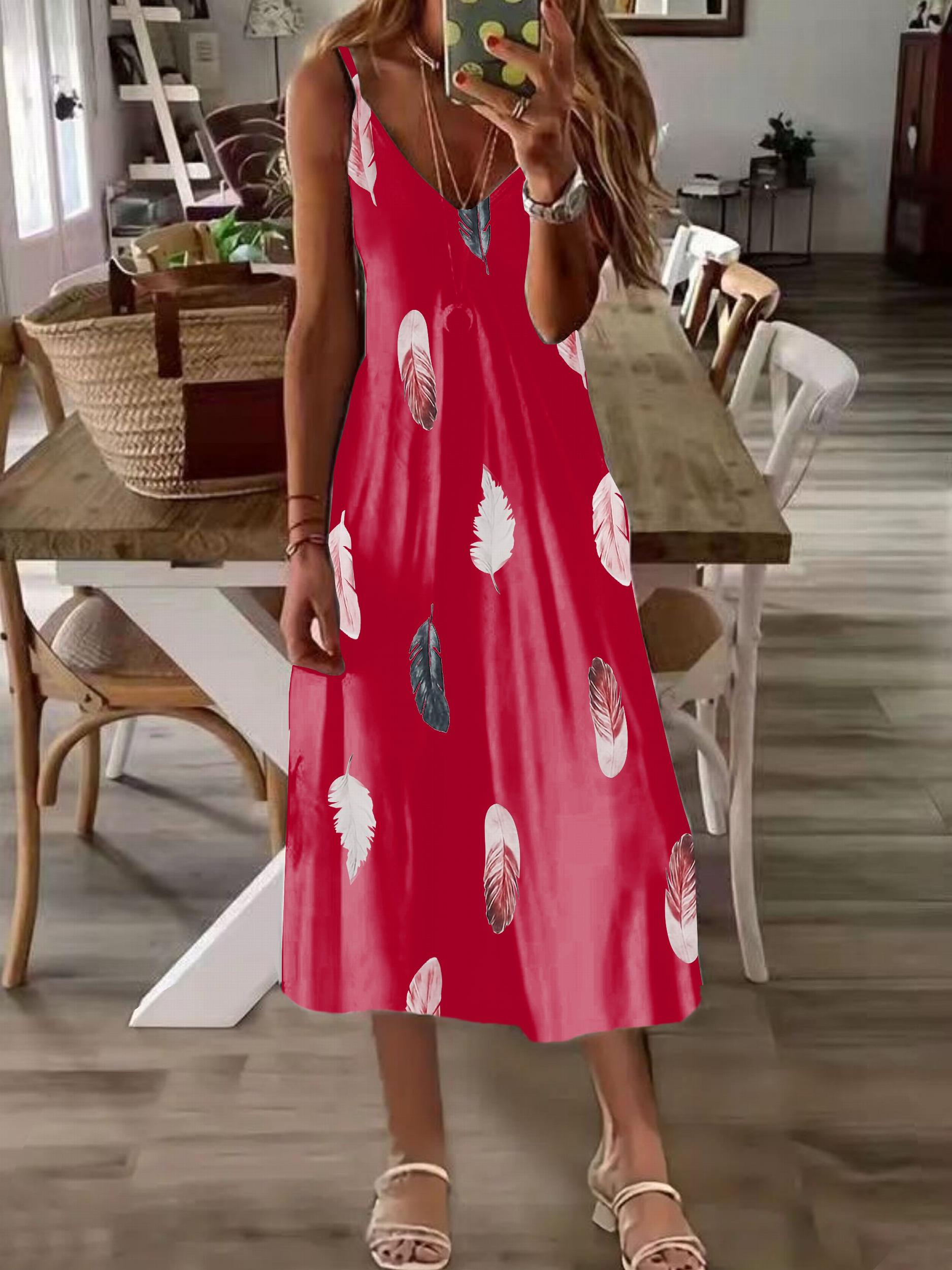 Women's Sleeveless Feather Print V Neck Long Dress