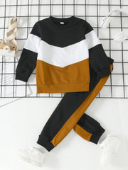 2pcs Baby Boys Splicing Pullover Round Neck Long Sleeve Sweatshirt & Pant Set