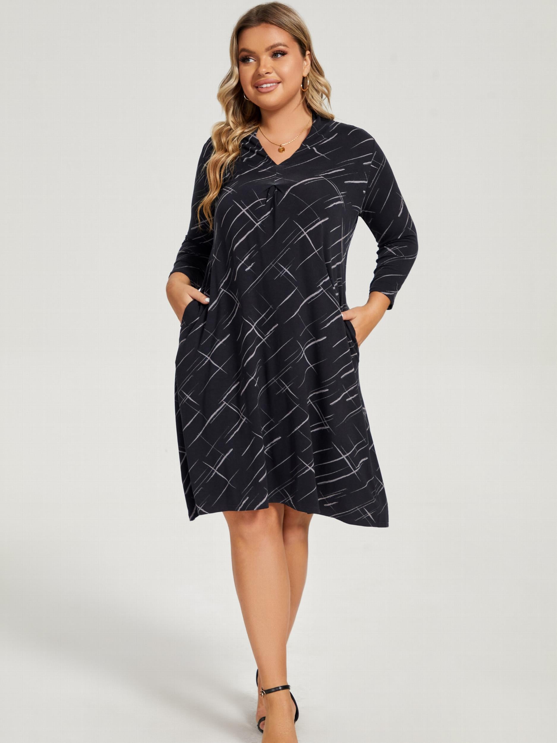 Casual Dress Women's Plus Print Long Sleeve Stretch Dress