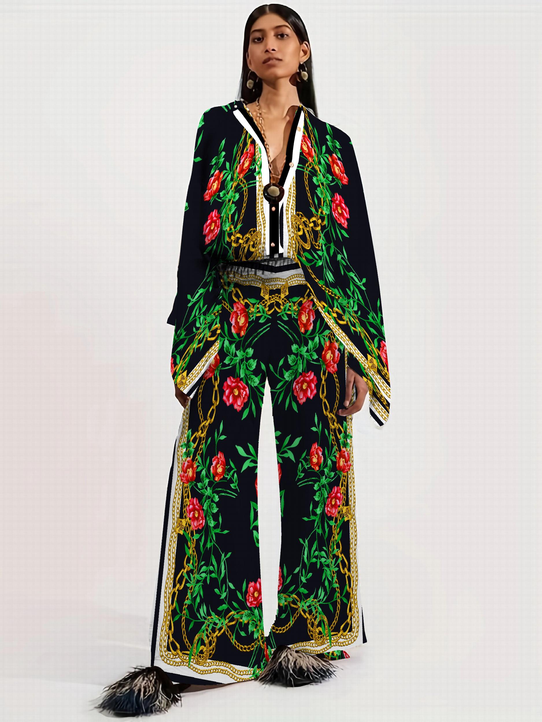 Block Vintage Two piece Set Button Front Batwing Sleeve Tops & Wide Leg Pants