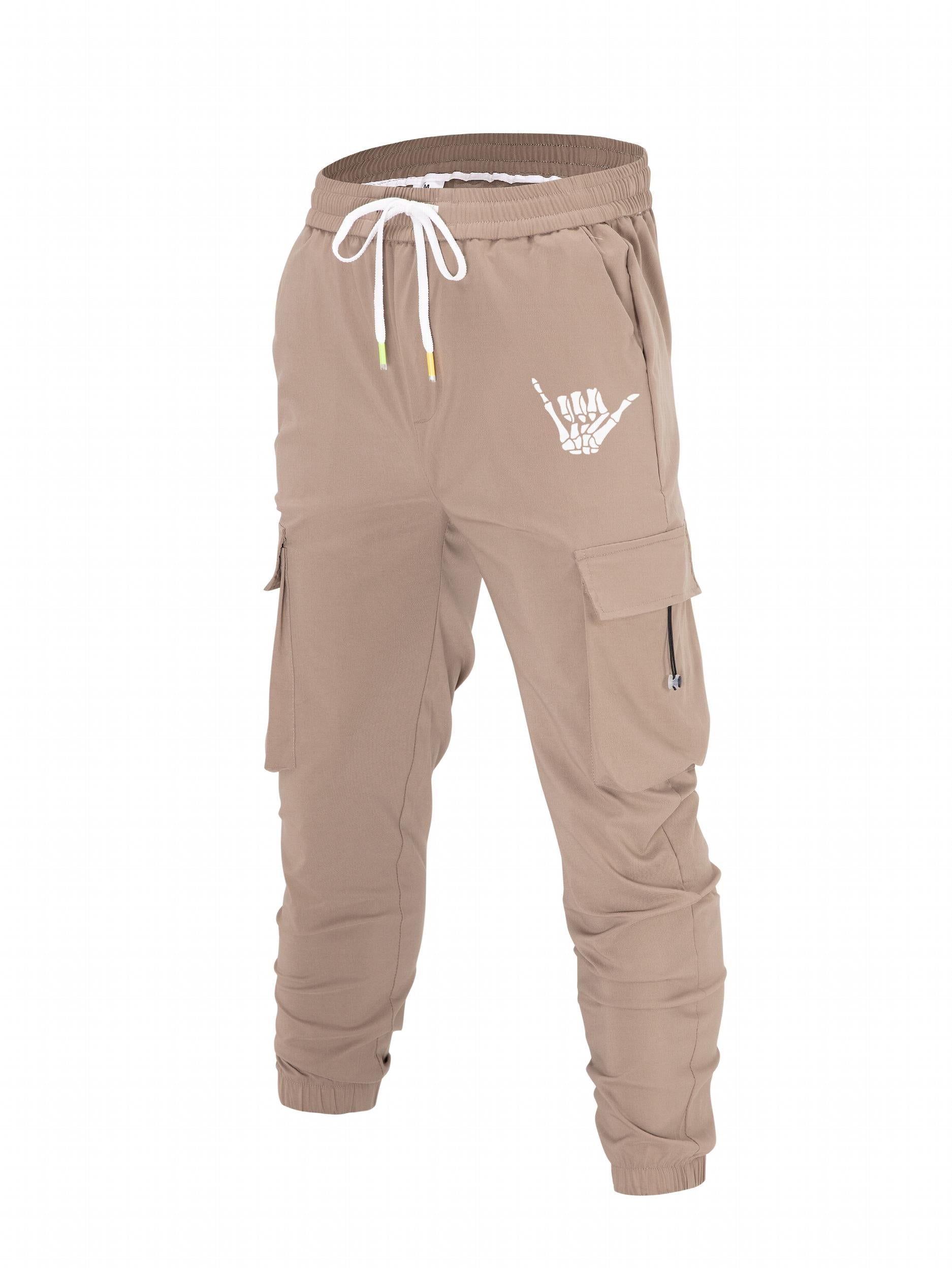 Hand Skeleton Print Men's Drawstring Flap Pocket Cargo Pants