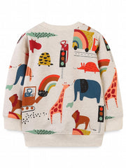 Cartoon Animals Print Boys Sweatshirt Crew Neck Long Sleeve Kids Clothing