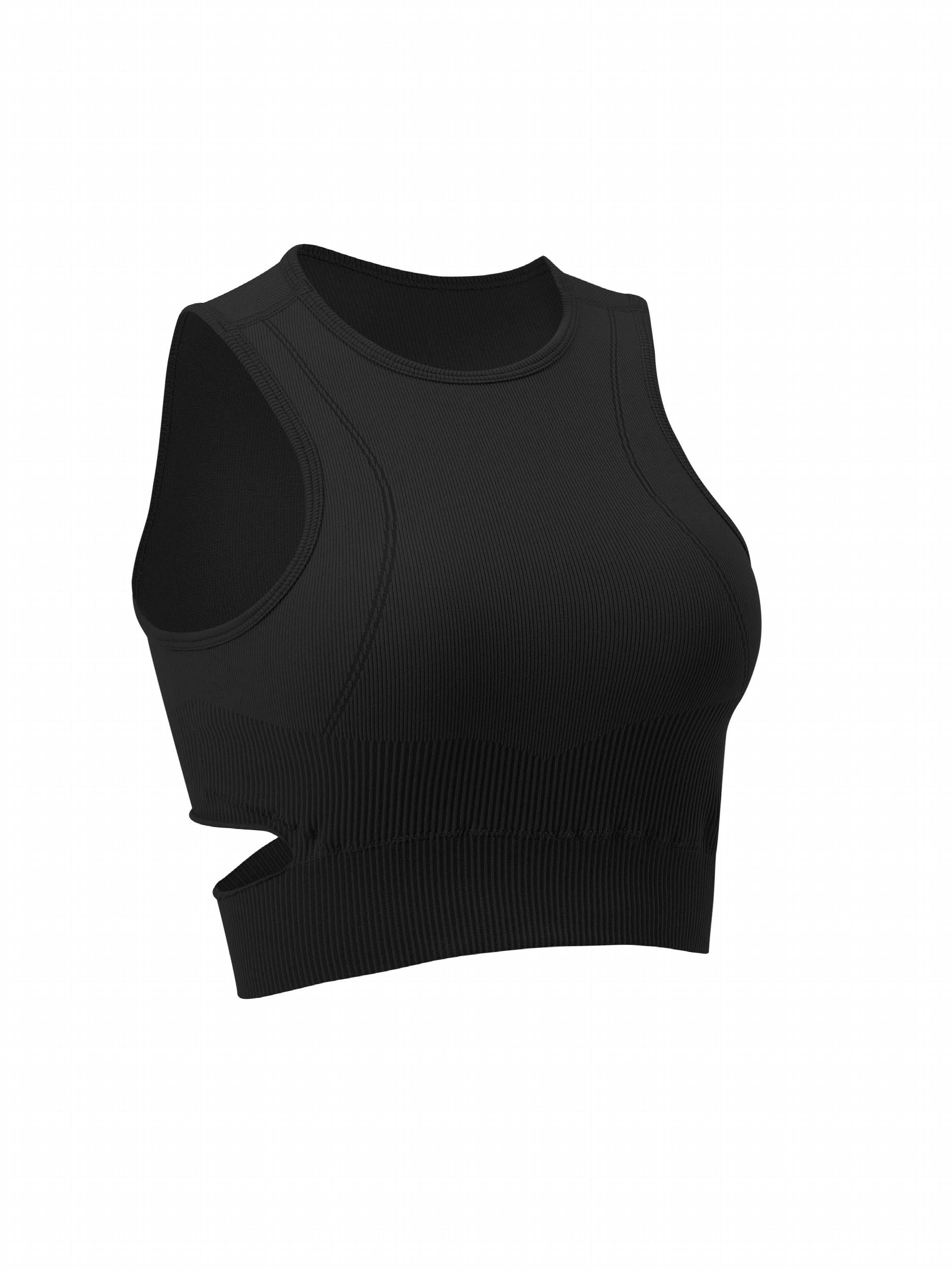 Solid Ribbed Cut Out Round Neck Yoga Workout Bra With Removable Pads