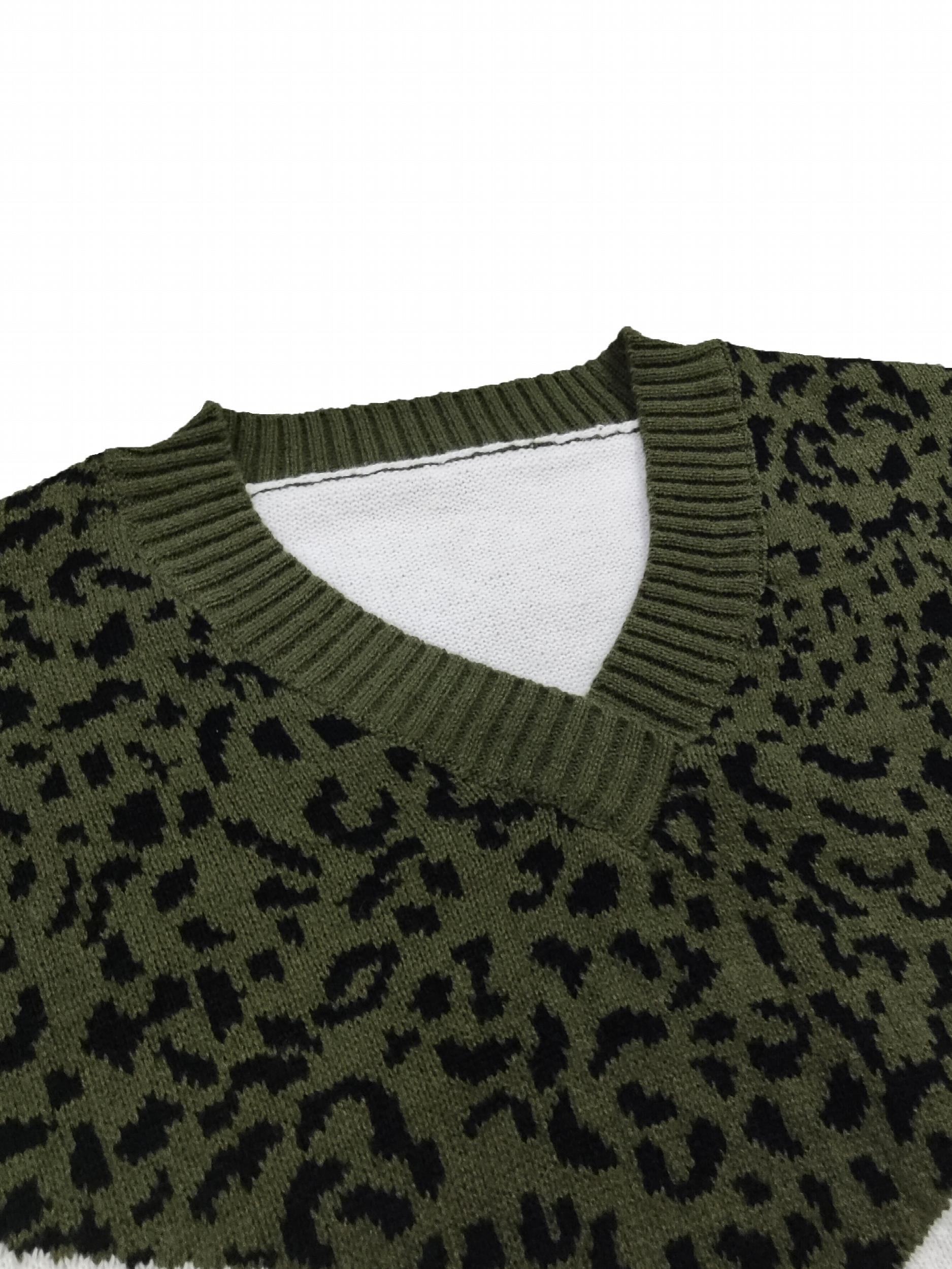 Colorblock Leopard Print V Neck Sweater