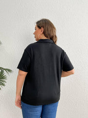 Solid Ribbed Half Zipper Short Sleeve Blouse