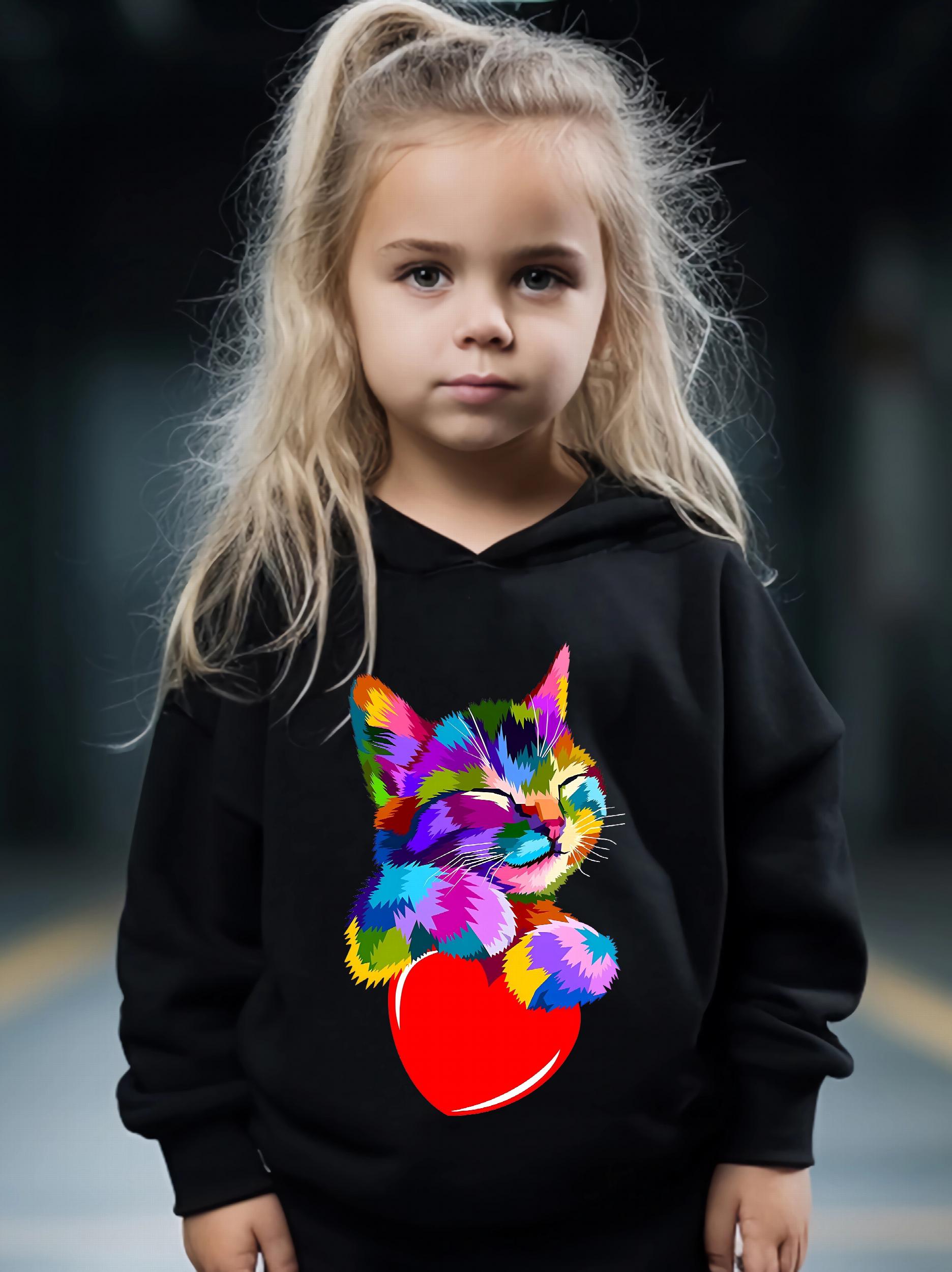 Girls 2pcs Cat Pattern Hooded Sweatshirt & Sweatpants Set