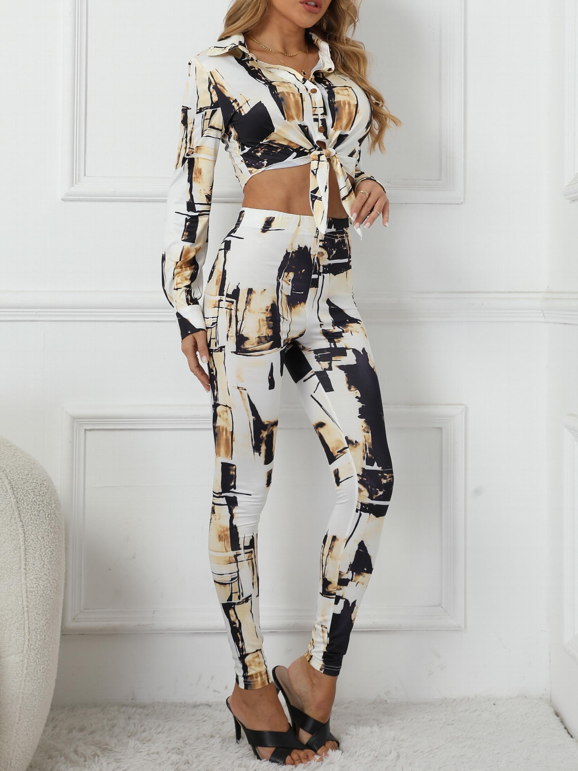 Allover Print Two Piece Set Button Front Shirt & Leggings