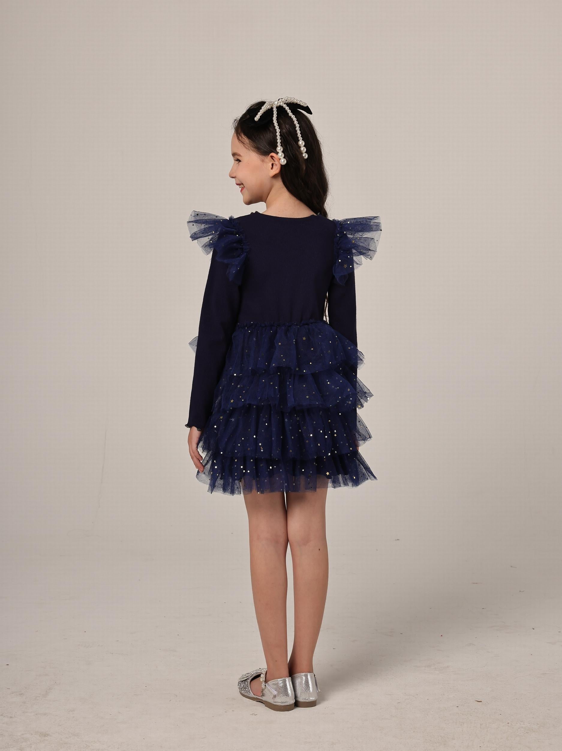 Star Girl Long Sleeve Mesh Tiered Party Tutu Dress Birthday Princess