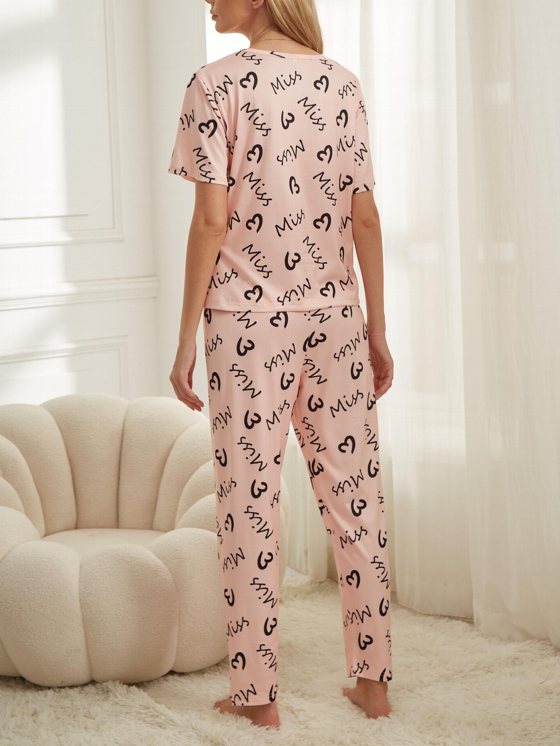 Heart Print Pajama Set Short Sleeve Crew Neck Top & Elastic Waistband Pants