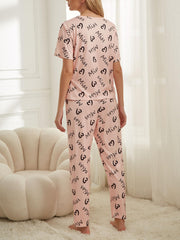 Heart Print Pajama Set Short Sleeve Crew Neck Top & Elastic Waistband Pants