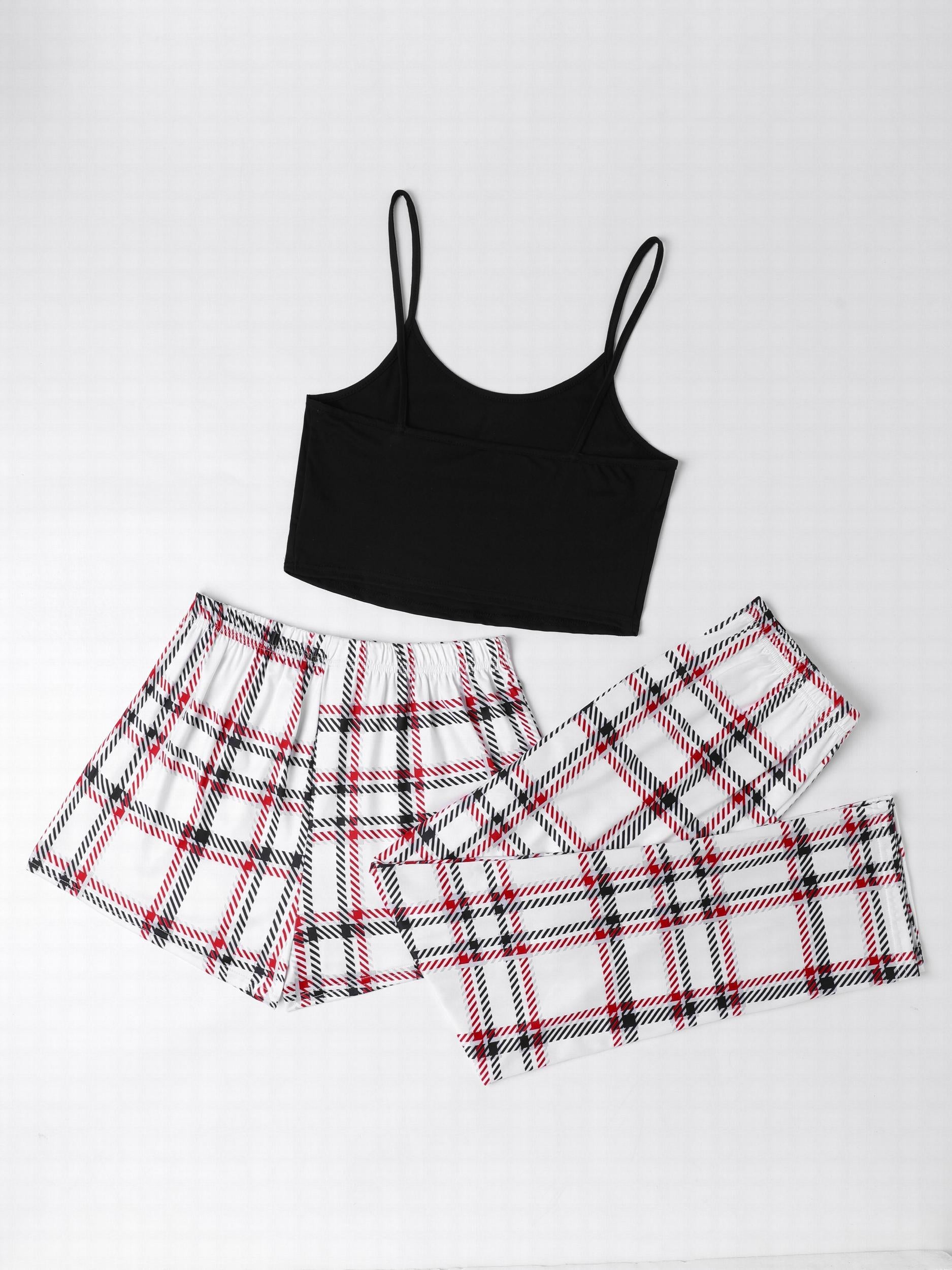 Plaid Pajama Set Crew Neck Cami & Shorts & Bow Pants