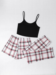 Plaid Pajama Set Crew Neck Cami & Shorts & Bow Pants