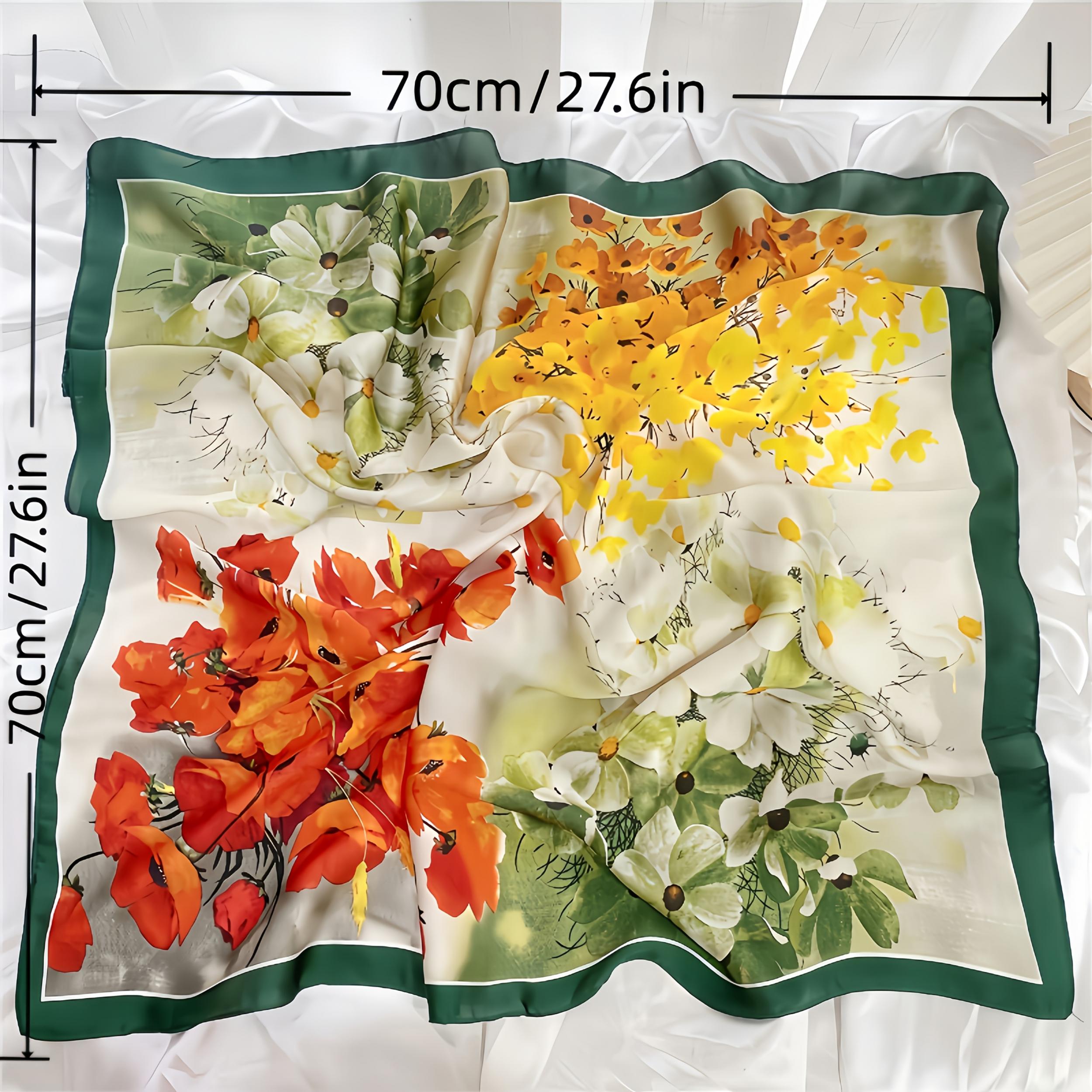 Floral Double Sided Silk Scarf 70x70cm Vibrant Orange Red Green Flowers