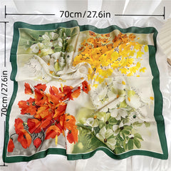 Floral Double Sided Silk Scarf 70x70cm Vibrant Orange Red Green Flowers