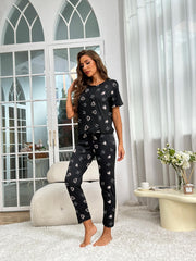 Heart Print Pajama Set Short Sleeve Crew Neck Top & Elastic Waistband