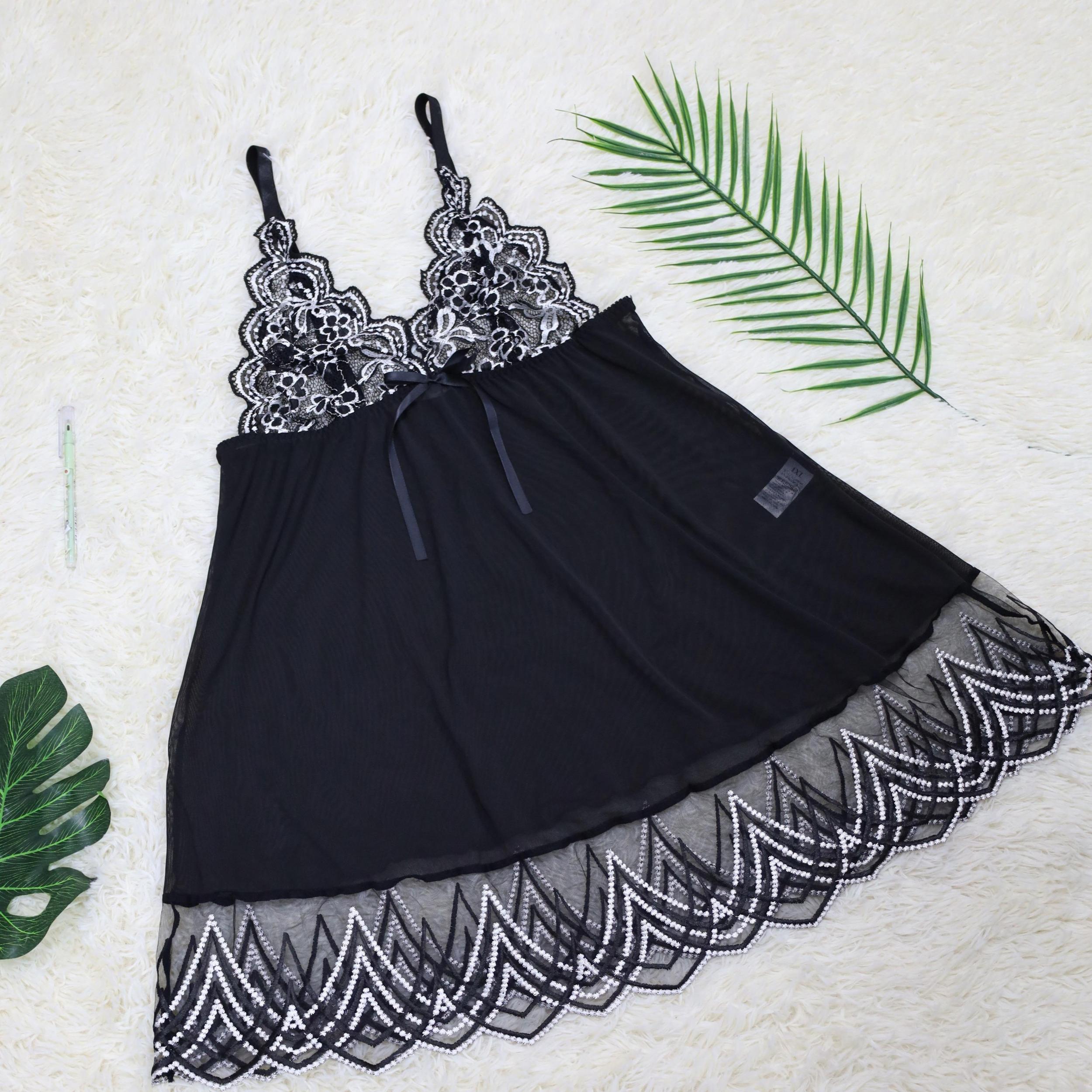 Mesh Lace Babydoll Dress with Floral Embroidery