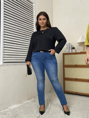 Solid Lantern Sleeve Round Neck Top