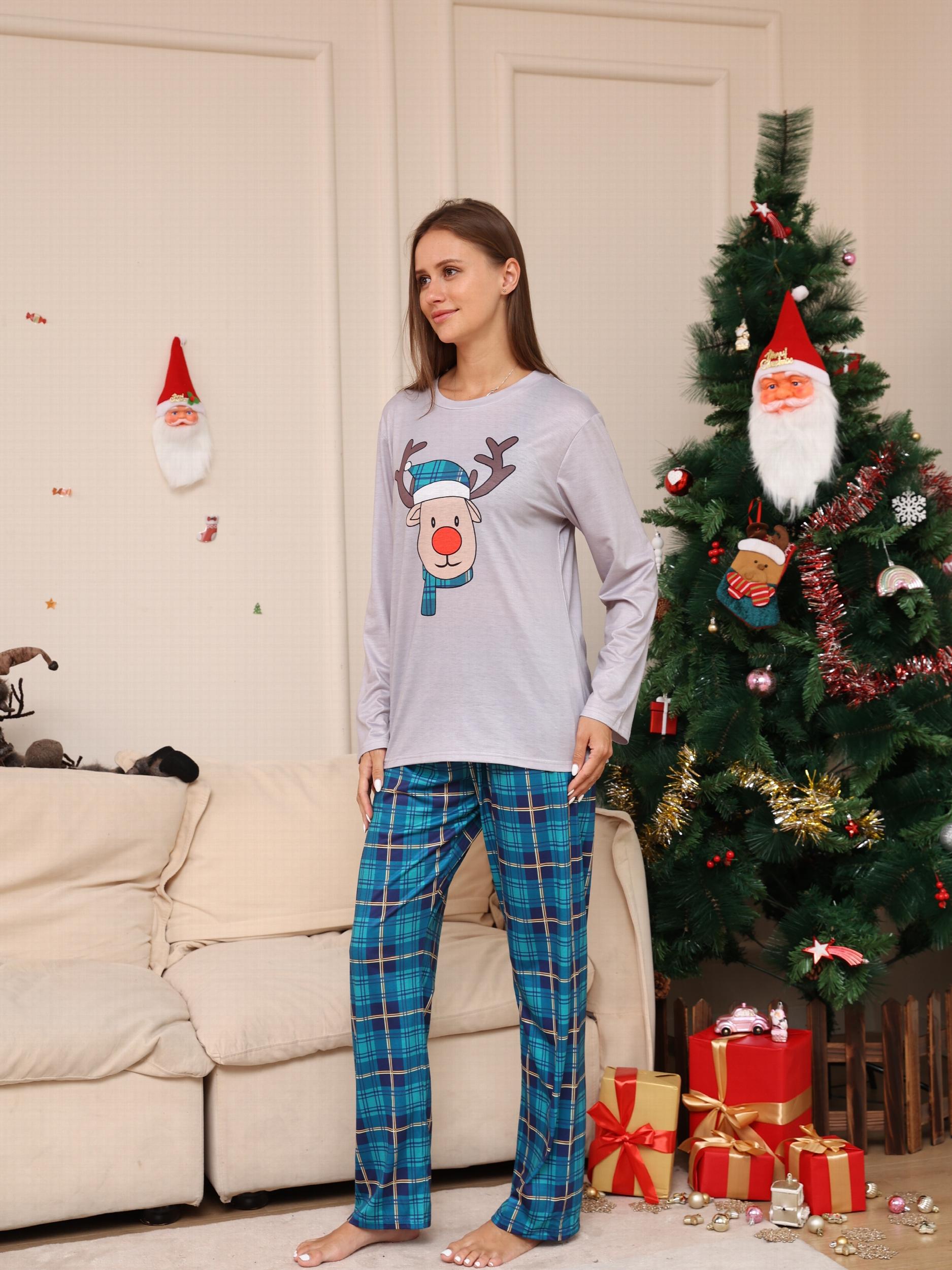 Christmas Elk Print Pajama Set Long Sleeve Top & Pants Women's Sleepwear