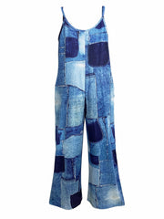 Denim Print Wide Leg Jumpsuit Sleeveless Women's Clothing