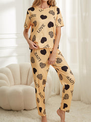 Heart Print Pajama Set Short Sleeve Top & Pants Women's Sleepwear