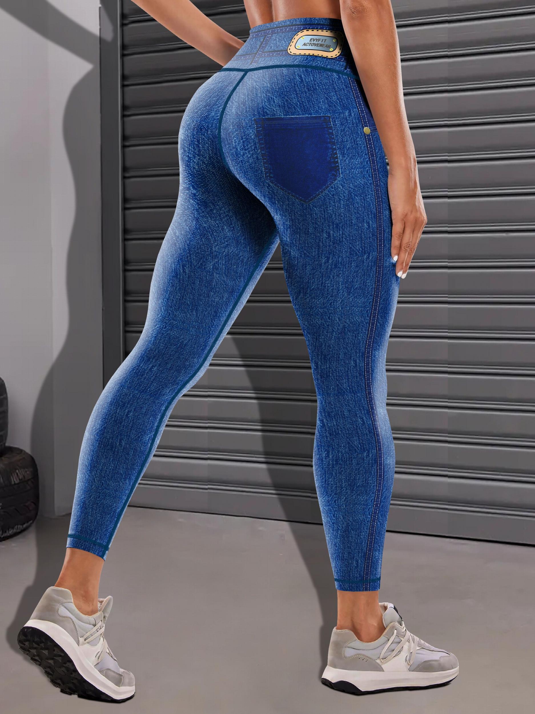 Faux Denim Print Yoga Leggings High Waist Butt Lifting Tummy Control