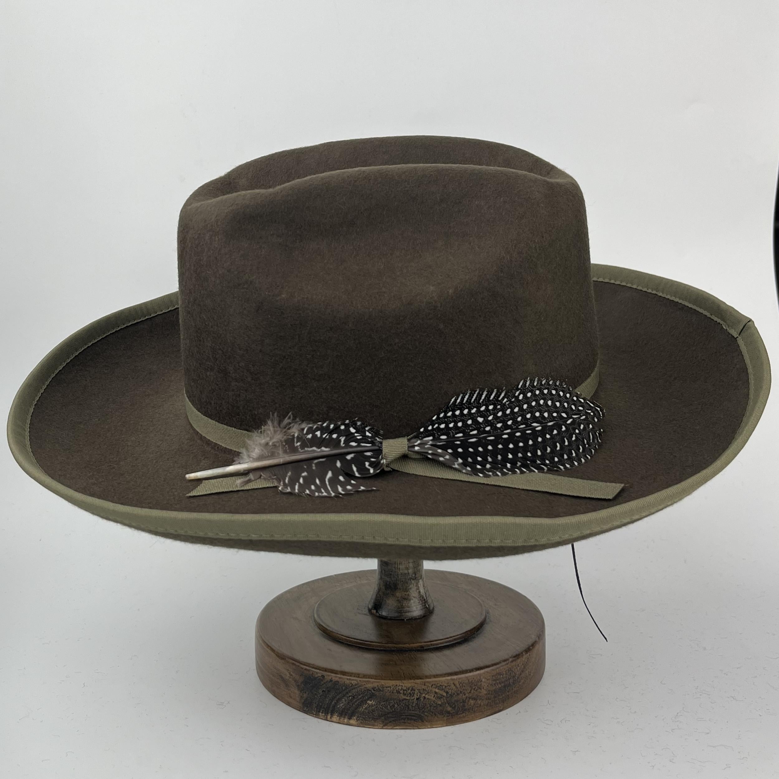 Green Wide Brim Felt Fedora Hat with Band & Feathers