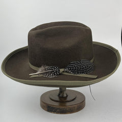 Green Wide Brim Felt Fedora Hat with Band & Feathers