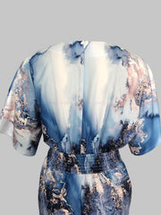 Geometric Print V Neck Drawstring Romper Jumpsuit Casual Batwing Sleeve Jumpsuit