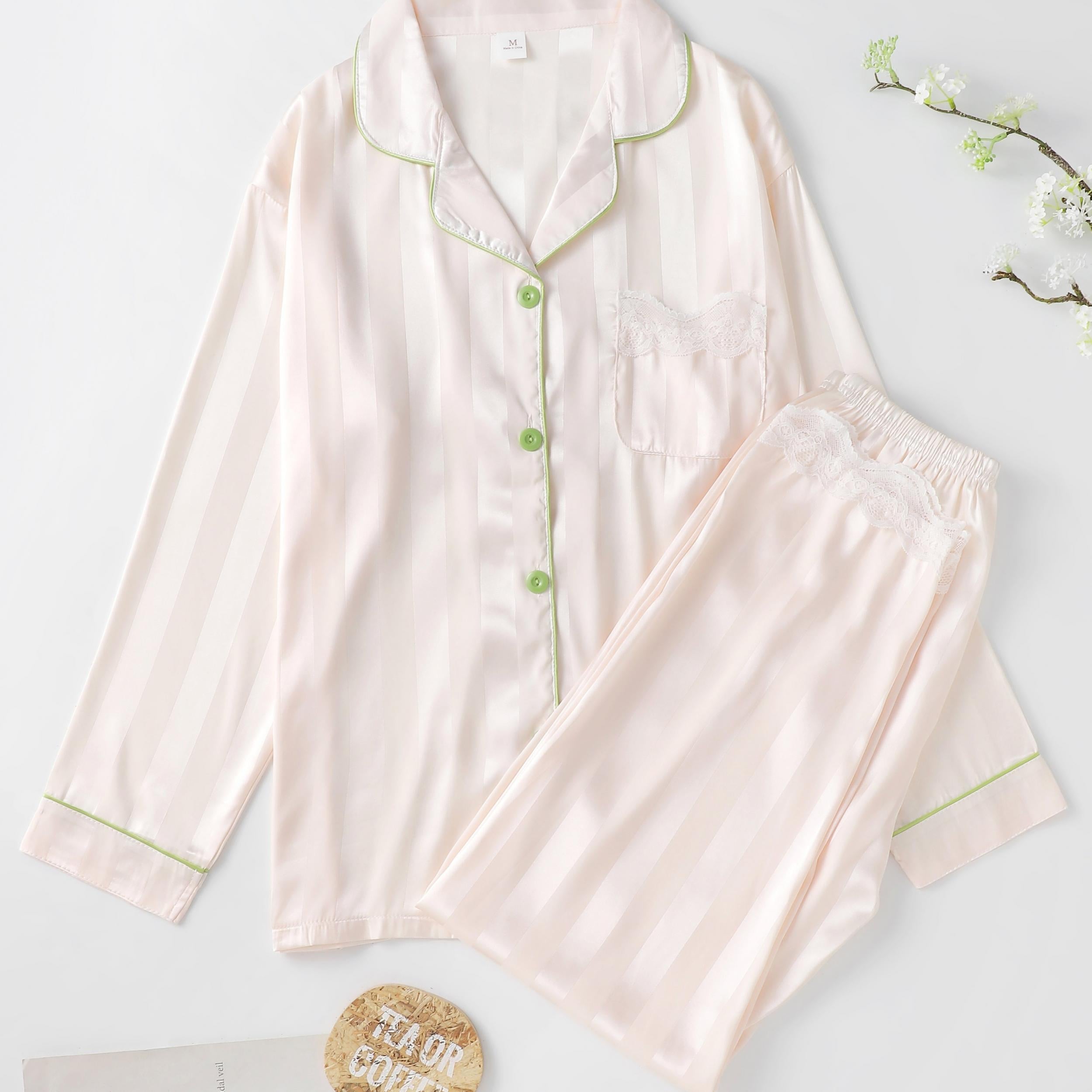 Striped Satin PJ Set Long Sleeve Top & Lace Trim Pants Sleepwear