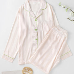 Striped Satin PJ Set Long Sleeve Top & Lace Trim Pants Sleepwear
