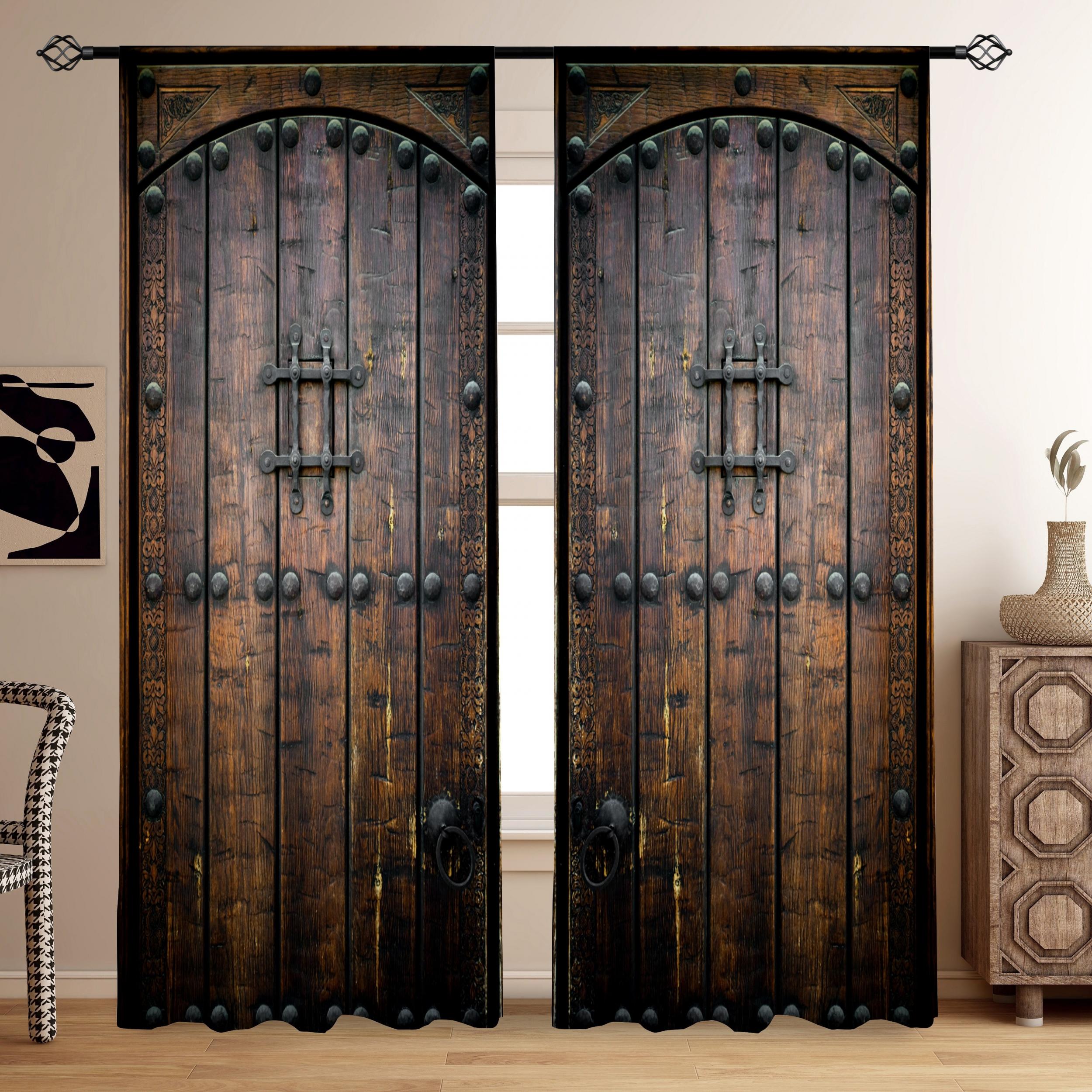Wooden Door Pattern Curtains Retro Decorative Printed Soft Translucent Curtains