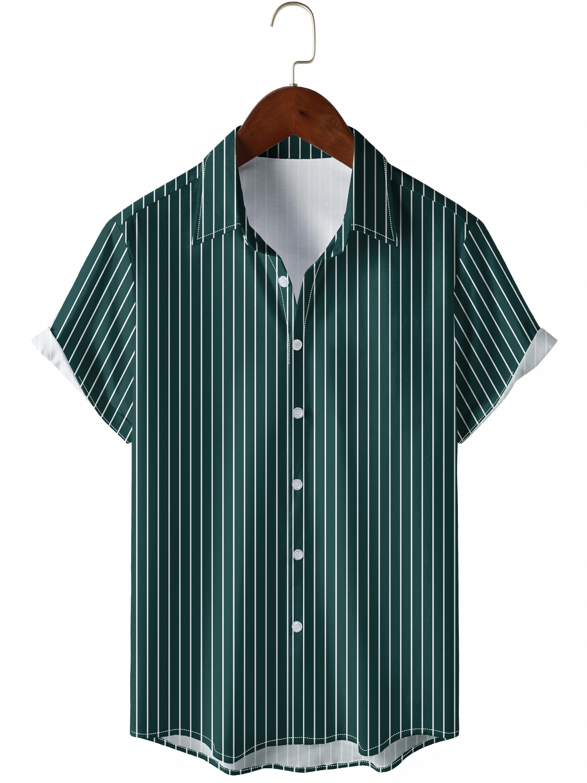 Men's Vertical Striped Camp Collar Bowling Shirt Short Sleeve Summer Hawaiian