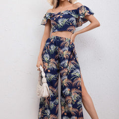 Boho Tropical Print Two piece Set Off Shoulder Crop Top & Split Pants