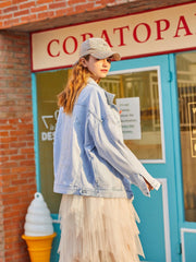 Embroidery Lion & Letters Pattern Denim Coat