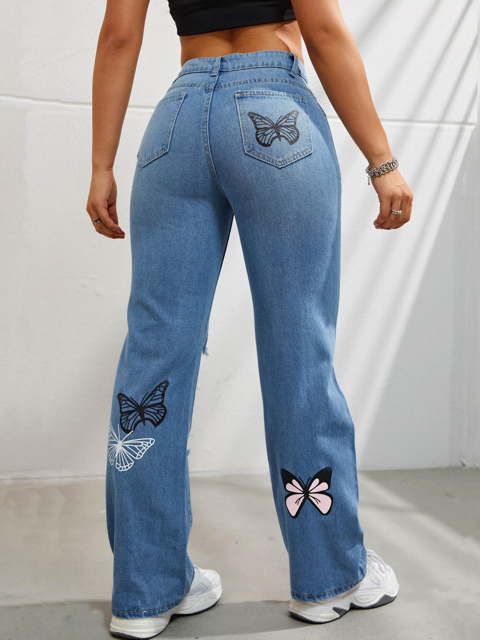 Butterfly Print Ripped Hole Straight Jeans Non Stretch