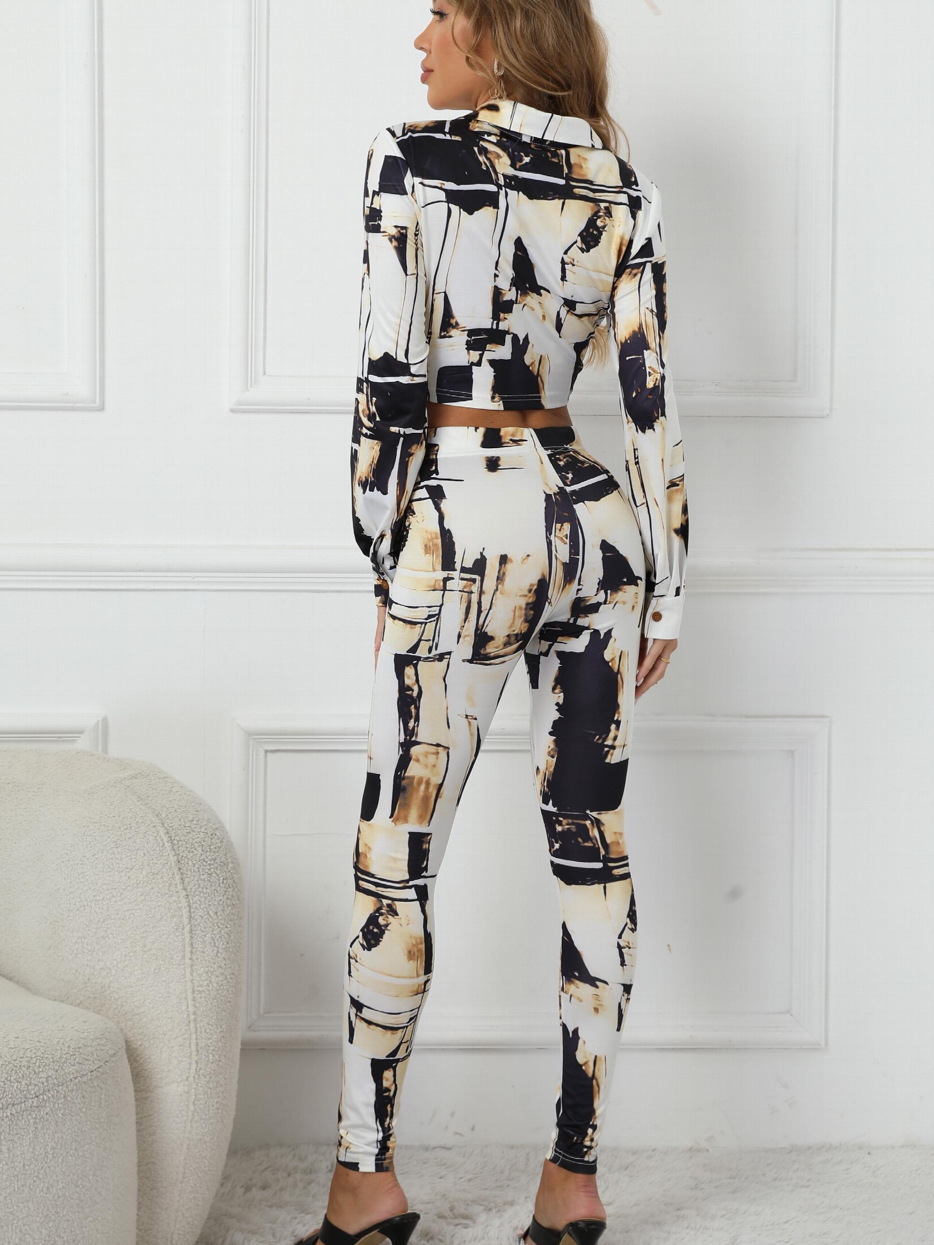 Allover Print Two Piece Set Button Front Shirt & Leggings