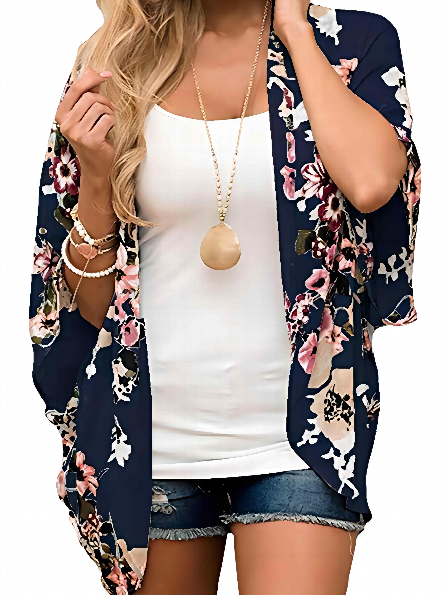 Women's Plus Floral Print Bat Sleeve Cover Up Cardigan