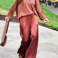Solid Long Sleeve Top & Wide Leg Pants Two Piece Set