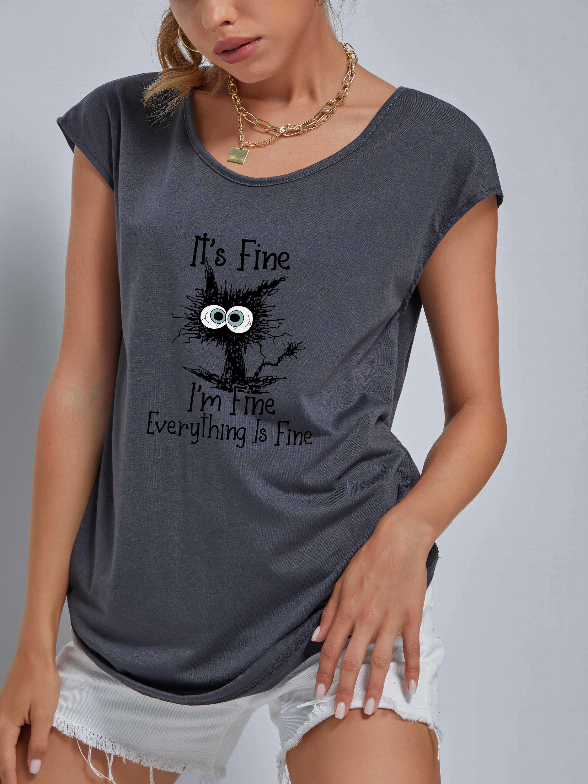 Cartoon Cat V-Neck Short Sleeve T-Shirt for Women