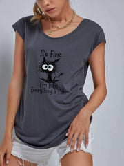 Cartoon Cat V-Neck Short Sleeve T-Shirt for Women