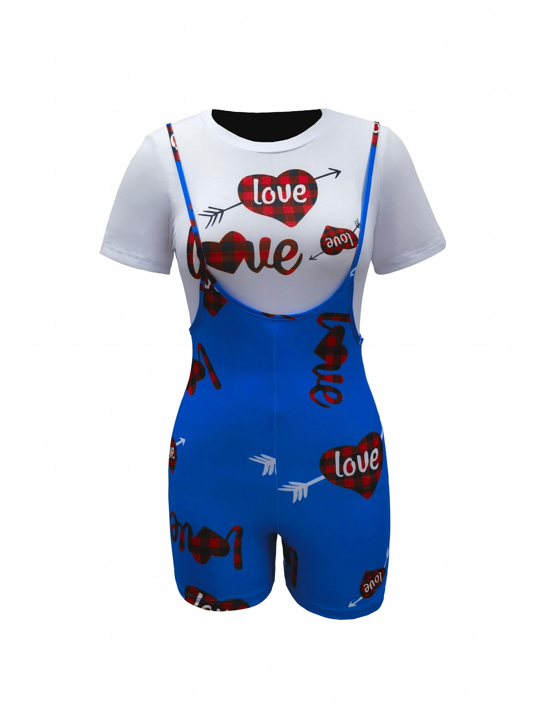 Plaid Heart Print Two piece Set Short Sleeve T shirt & Overall Romper Outfits