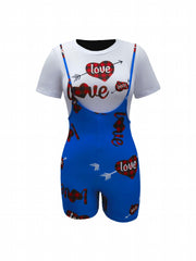 Plaid Heart Print Two piece Set Short Sleeve T shirt & Overall Romper Outfits