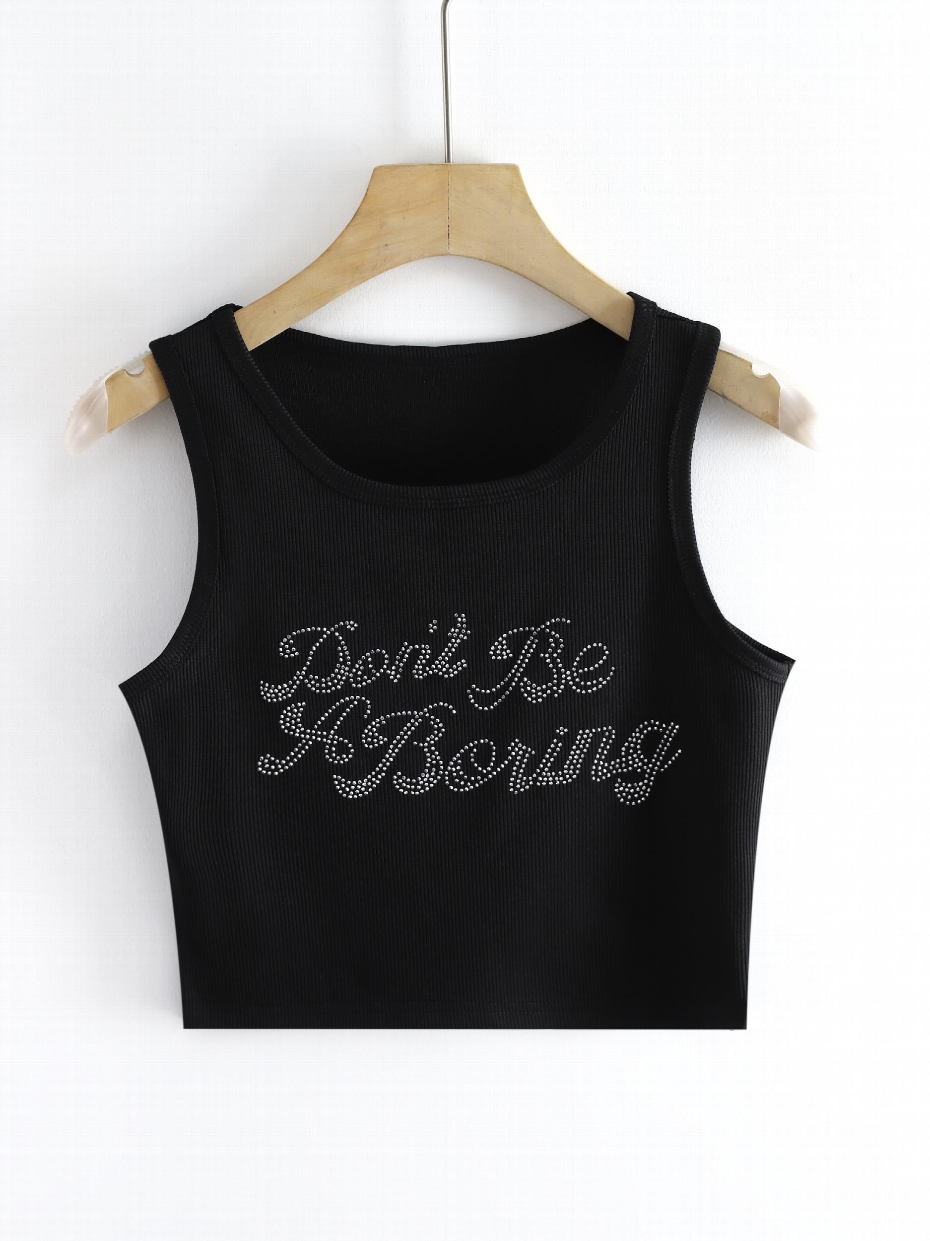 Rhinestone Letter Crop Tank Top Basic Stretch Summer Gym Yoga Tank Top